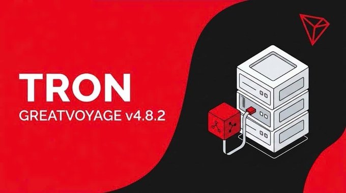 A promotional graphic for the TRON GreatVoyage v4.8.2 (Pyrrho) network upgrade, featuring a stylized illustration of server hardware with a red cube connected via cable, set against a red and black background with the TRON logo in the corner.