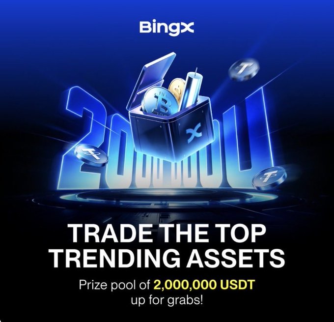 A BingX promotional graphic featuring a glowing blue treasure chest filled with crypto coins, with "2026" in the background and the text "TRADE THE TOP TRENDING ASSETS — Prize pool of 2,000,000 USDT up for grabs!" highlighting the exchange's new $2M USDT trading competition tied to the post's mention of multi-asset rewards.