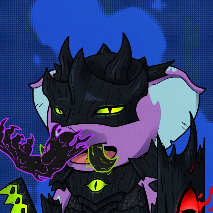 A purple anthropomorphic character wearing a black spiky helmet and armor, with glowing yellow eyes, holding a purple and black energy flame emanating from their hand.