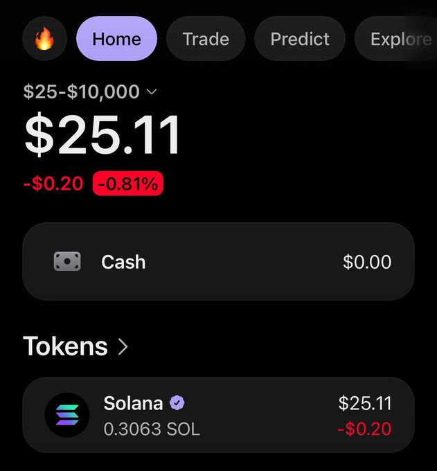 A crypto wallet screenshot showing a starting balance of $25.11 with a -$0.20 (-0.81%) loss, holding 0.3063 SOL ($25.11), serving as visual proof of the beginning of the "$25 to $10,000 challenge" announced in the post.