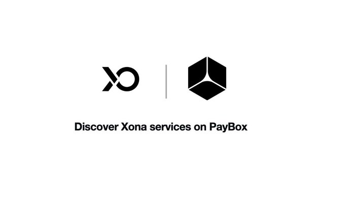 This image shows the logos for Xona and PayBox, with the text "Discover Xona services on PayBox" below, indicating that Xona services are now discoverable on the newly launched PayBox.
