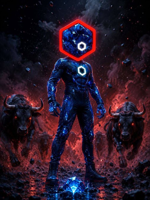 A dramatic digital illustration of a figure in dark blue armor with a glowing red-outlined hexagonal head standing amid red smoke and debris, flanked by two charging minotaurs with glowing red eyes.