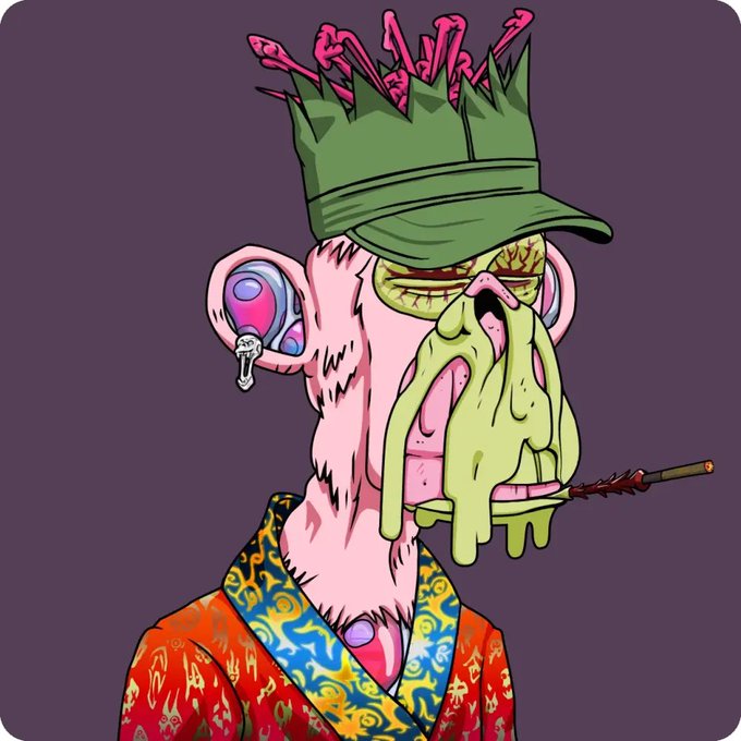 The image features a cartoon character wearing an orange dress, a green hat with a crown, and holding a pipe. The character appears to be a monkey or a gorilla, depending on the interpretation of the viewer. The background color is purple, which contrasts with the bright colors of the character's outfit. The post includes text that reads "周五也要keep Building 有人带我认识全世界的无聊猿 @veratheape @mfigge @BoredApeYC @CryptoGarga @RFDZI @CapetainTrippy @BAYC1K @TheeHustleHouse @ApeChainHUB". The post seems to be a humorous or artistic representation of the character, possibly related to the game "Minecraft" as suggested by the text.