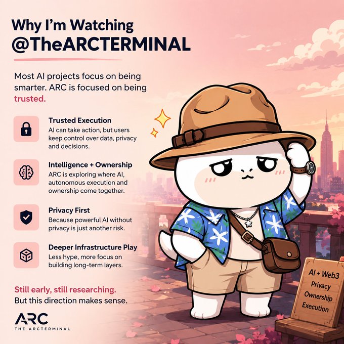 The image features a cartoon cat wearing a hat standing next to a sign that says "ARCTERMINAL" with an arrow pointing towards it. The text above the cat reads, "Why I'm watching @TheARCTERMINAL Most AI projects focus on being smarter, ARC is focused on being trusted execution". This suggests that the image might be related to a discussion or presentation about the capabilities of artificial intelligence and how it can be used in various industries.