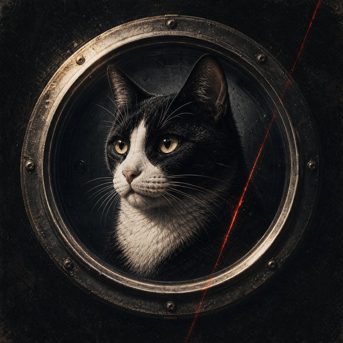 A black and white tuxedo cat with piercing yellow eyes peers through a circular metallic porthole, with a red diagonal laser line crossing the dark, industrial background.