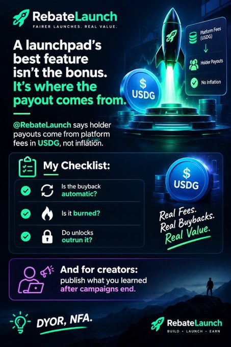Marketing infographic for "RebateLaunch - Fairer Launches. Real Value" featuring a rocket launch graphic, highlighting that holder payouts come from platform fees in USDG (not inflation), with a "My Checklist" for buybacks, burning, and unlock outruns, ending with "DYOR, NFA."