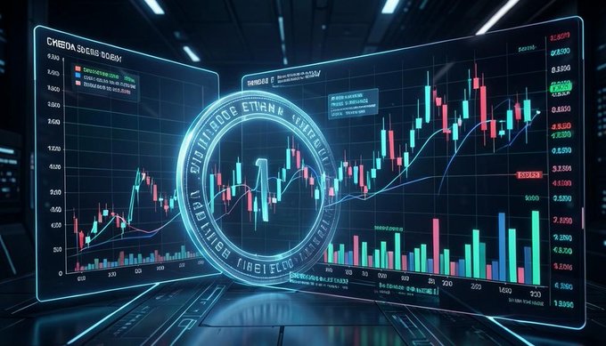 A futuristic digital display shows cryptocurrency trading charts with candlesticks, bar graphs, and numerical data, centered around a glowing coin marked with an "A".