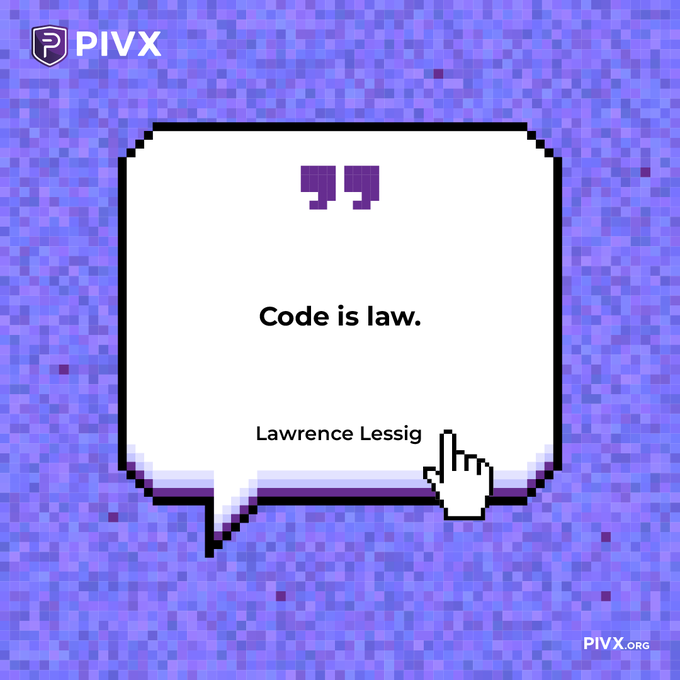 The image features a white square with a quote from Lawrence Lessig written above it. The quote reads "Code is law", which suggests that software plays an increasingly significant role in our lives as it shapes various aspects of communication, transactions, and value storage. This quote is relevant to the discussion about smart contracts and their impact on modern financial systems.