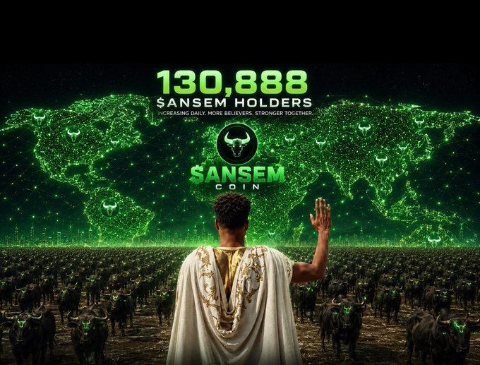 A promotional graphic for $ANSEM Coin featuring a Roman-style figure overlooking a herd of black bulls, with '130,888 $ANSEM HOLDERS' displayed over a green world map and the tagline 'INCREASING DAILY. MORE BELIEVERS. STRONGER TOGETHER.'