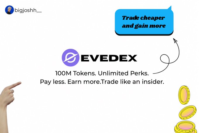 An advertisement graphic for 'EVEDEX' features a speech bubble reading 'Trade cheaper and gain more,' a pointing hand, and falling gold coins.