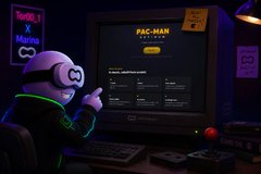 A stylized 3D-rendered illustration of a character in a dark gaming room pointing at a computer monitor displaying a 'PAC-MAN' themed webpage, with retro gaming decor and neon lighting.