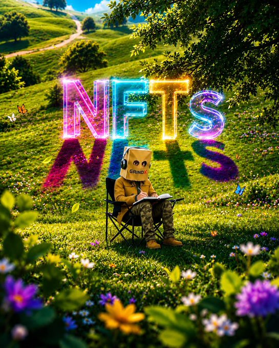 A digital illustration of a person wearing a paper bag labeled 'GRIND' on their head and headphones, sitting in a field drawing, with a colorful neon 'NFTS' sign glowing behind them.