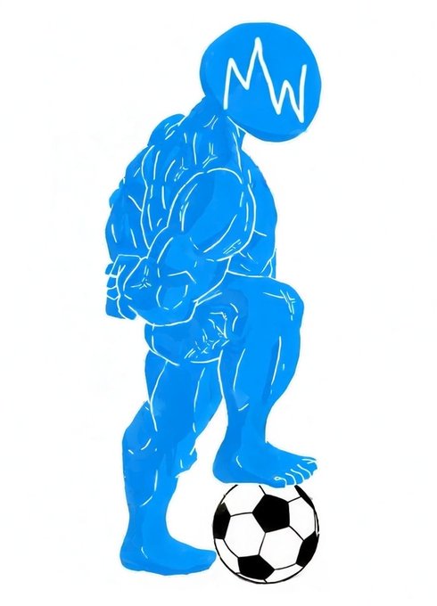 The image features a humanoid figure with exaggerated muscles balancing on a soccer ball it is holding. The oversized head seems to have lightening in its brain. The accompanying post speaks about an economic and sporting events as it uses hidden meaning in popular memes. The image could be purely a joke, wholly serious or a commentary, but either way it belies all modern attempts at conveying meaning in online media.