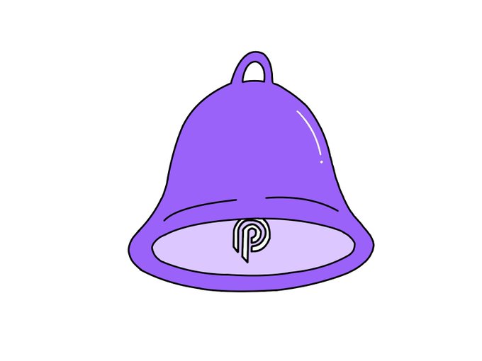 A simple cartoon illustration of a purple bell with a clapper inside that has the letter 'P' on it, displayed against a white background.