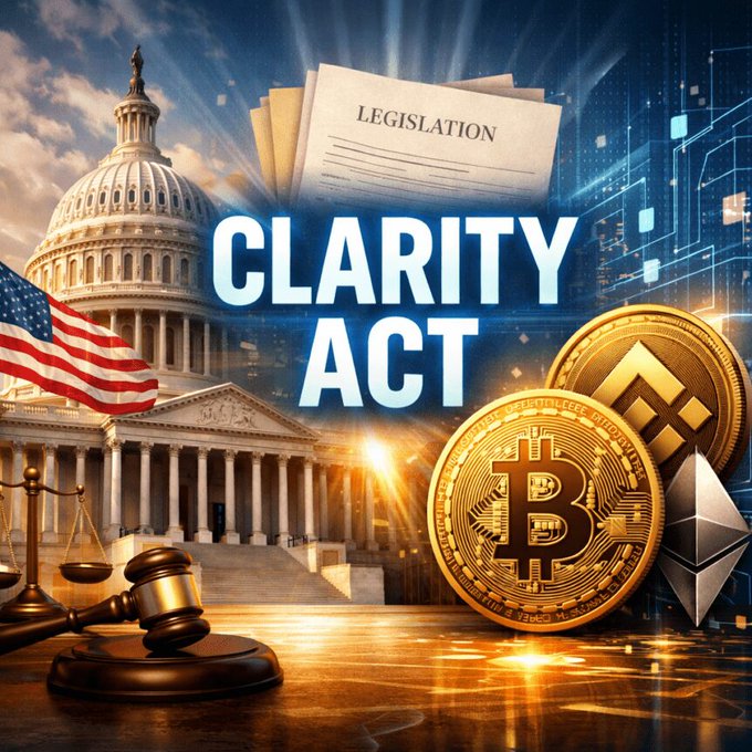 The image features a gavel, a gold coin, and two Bitcoins, all set against an American flag backdrop. The caption reads "XRP CLARITY ACT LATEST: The U.S. Senate is moving closer to finalizing crypto market structure legislation this week. Clear rules. Institutional adoption. Regulatory certainty." This suggests that the image is related to a post about cryptocurrency and its regulation, with the gavel symbolizing the legal aspect of it all.