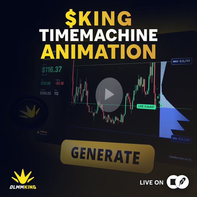 A promotional graphic titled "$KING TIMEMACHINE ANIMATION" showing a trading chart with a play button overlay and a gold "GENERATE" button, branded with "DLMMKING" and "LIVE ON" rocket icons.