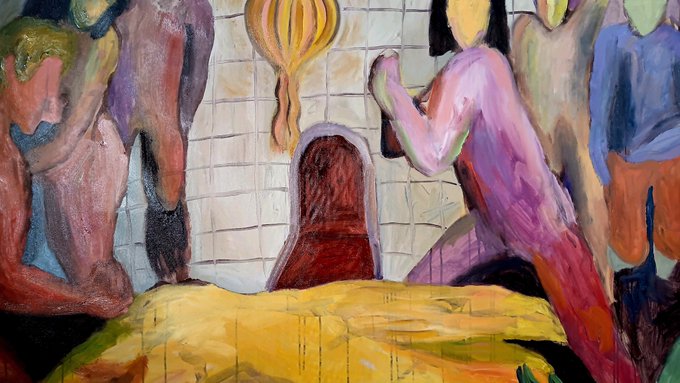 An oil painting depicting several figures with vibrant purple, pink, and blue tones, gathered around what appears to be an altar or doorway with a hanging lantern.