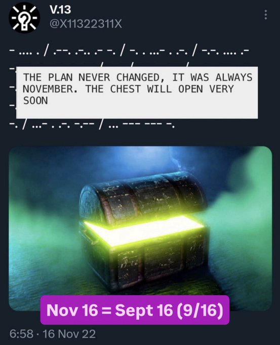 An X post by "V.13 @X11322311X" containing the text "THE PLAN NEVER CHANGED, IT WAS ALWAYS NOVEMBER. THE CHEST WILL OPEN VERY SOON" above an image of a glowing treasure chest, captioned "Nov 16 = Sept 16 (9/16)".