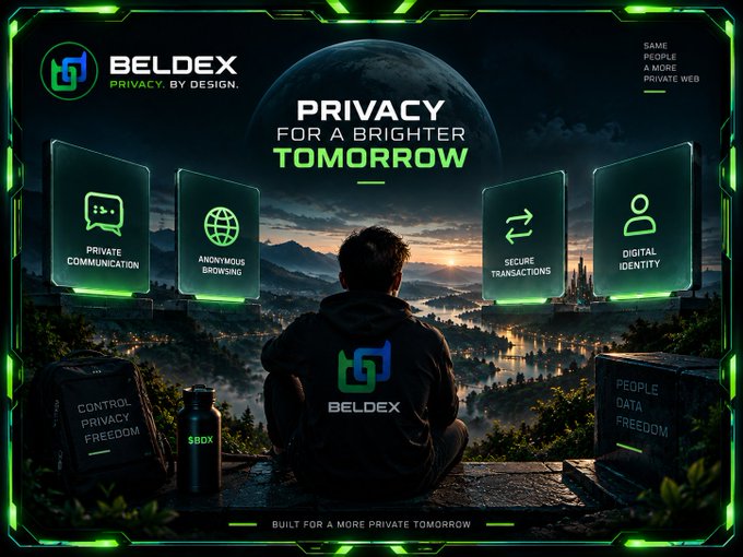 A dark green, futuristic Beldex advertisement says “PRIVACY FOR A BRIGHTER TOMORROW” and highlights private communication, anonymous browsing, secure transactions, and digital identity, with “Privacy. By design.” and “Built for a more private tomorrow.”