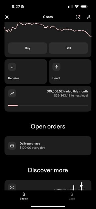 A mobile screenshot of the Strike app showing the Bitcoin home screen with a price chart, Buy/Sell and Receive/Send options, $10,656.52 traded this month toward a higher level, and a $100.00 every day Daily purchase open order—illustrating the user's automated DCA strategy routed through Strike.