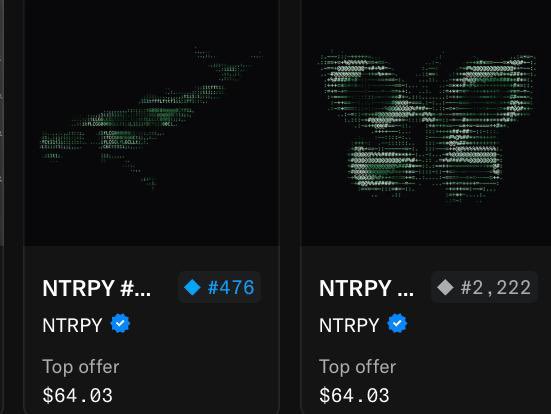 Two NFT listings for "NTRPY" top offer collections priced at $64.03, showing pixelated glitch-style artwork in green and white tones with serial numbers #476 and #2,222.