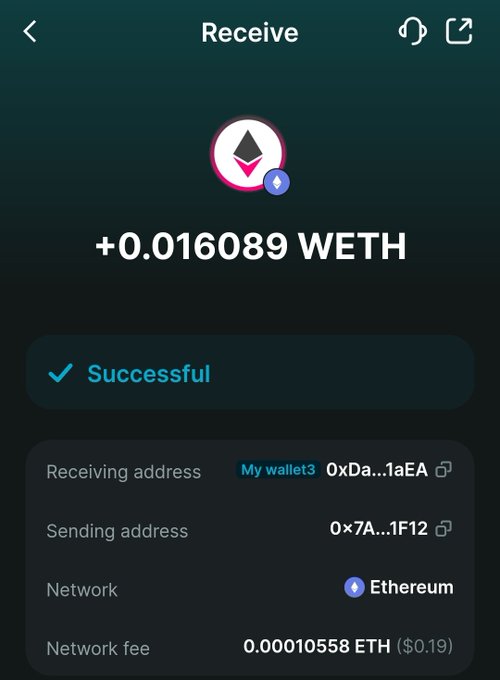 A dark-themed cryptocurrency wallet app screen showing a successful receive transaction of +0.016089 WETH on the Ethereum network, with a network fee of 0.00010558 ETH ($0.19).
