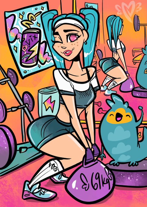 A vibrant cartoon illustration features a teal-haired girl with pink eyes working out in a gym, alongside a cute blue monster creature, with a 'V3' logo in the corner.