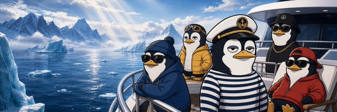 A digital illustration of five penguins dressed in various clothing—hoodies, sunglasses, a sailor hat, and a striped shirt—standing on a yacht with icebergs and mountains in the background.