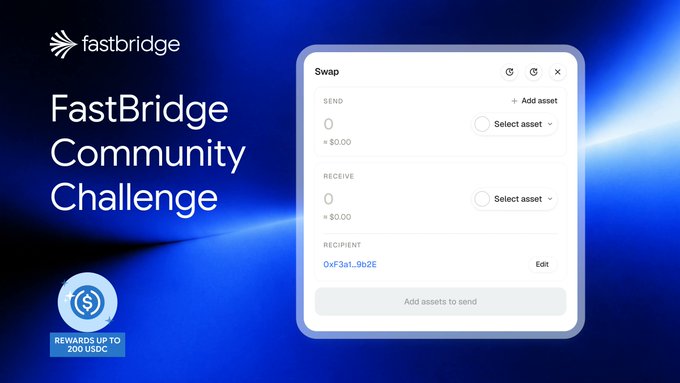 The image promotes the "FastBridge Community Challenge" with rewards up to 200 USDC, displaying a swap interface where users can send and receive assets with a recipient address already filled in (0xf3a1...9b2E), directly illustrating the cross-chain transaction feature being tested in the challenge.