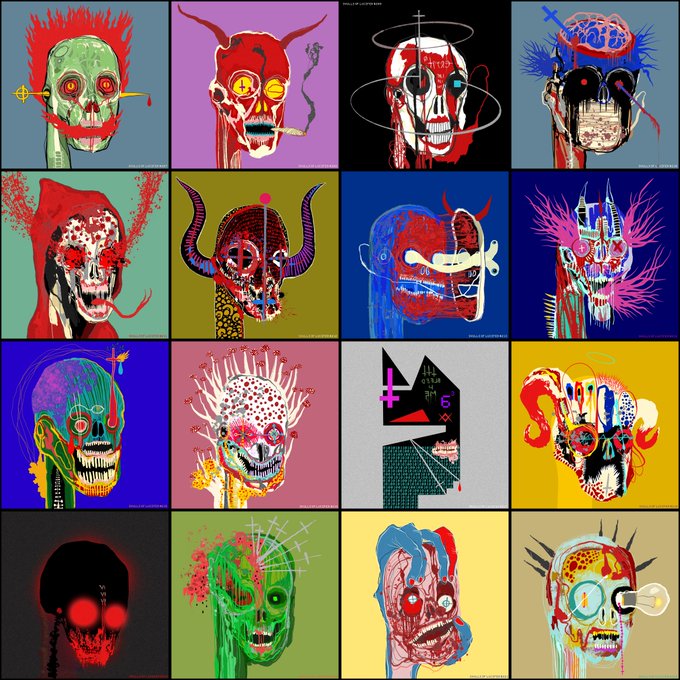 A grid of 16 colorful pop-art style skull illustrations with various neon, horror, and graphic design elements including horns, glowing eyes, and abstract patterns.