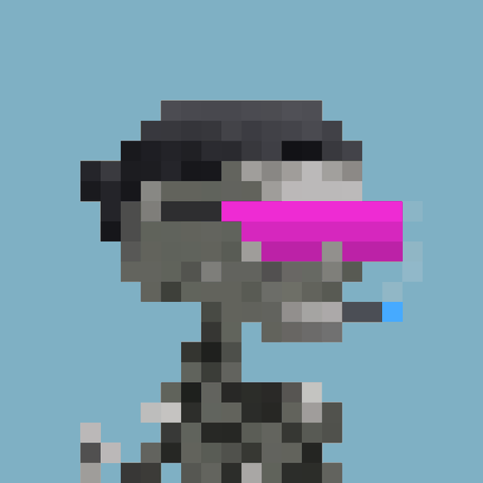A pixel art illustration of a character with dark hair wearing a bright pink and blue futuristic visor or headset against a light blue background.