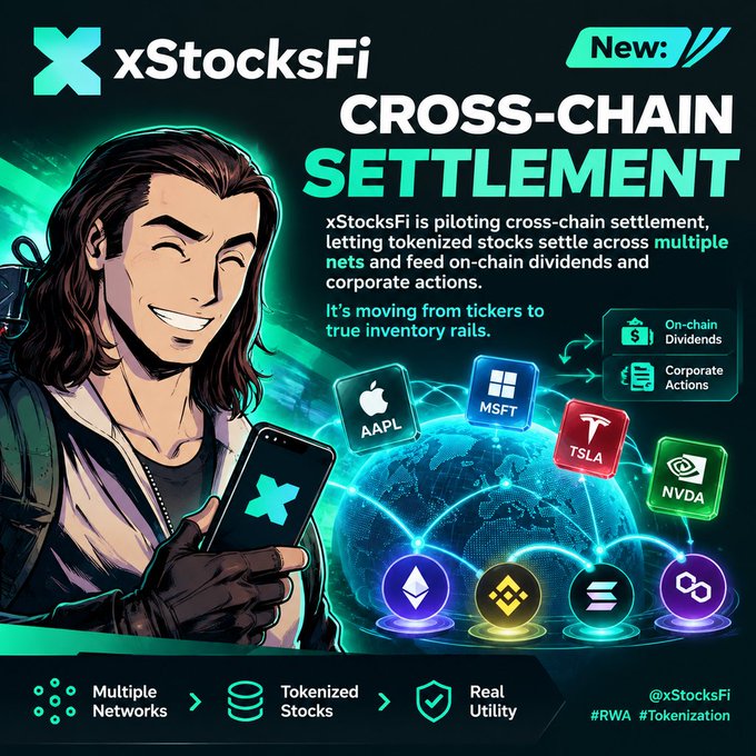 A promotional graphic for 'xStocksFi' announcing 'New: CROSS-CHAIN SETTLEMENT', featuring an illustrated character holding a phone, with stock tickers AAPL, MSFT, TSLA, NVDA and cryptocurrency logos, tagged #RWA #Tokenization.