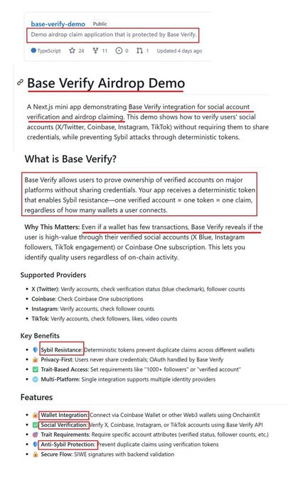 The image features a screenshot of an article that appears to be discussing the Base Verify airdrop demonstration tool available for testing purposes. The main focus of the screenshot is a link to the base-verify website which provides detailed information about the project, its functionality, and how it can be used in real scenarios. The caption accompanying the image reads "Lately, rumors about a base airdrop have been popping up more and more—is the wolf really at the door this time? This time, I really think the @base airdrop is coming!".