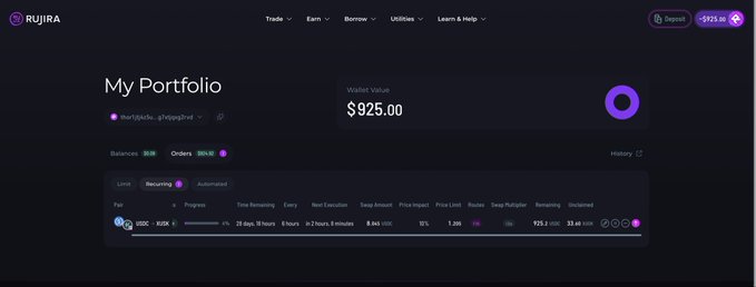 A dark-themed dashboard screenshot from the RUJIRA DeFi platform showing a 'My Portfolio' page with a wallet value of $925.00 and various limit order details for USDC and RUNE.