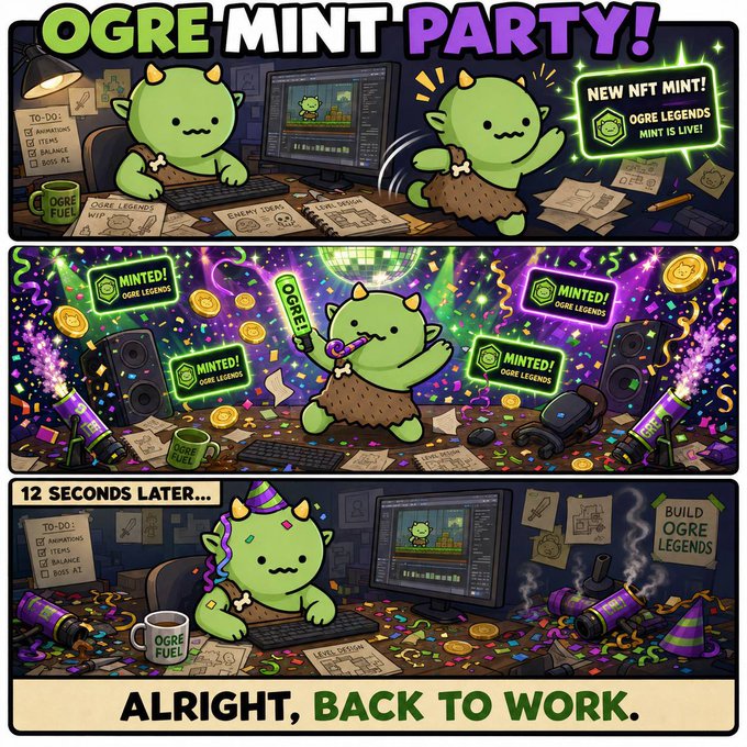 A three-panel comic strip titled 'OGRE MINT PARTY!' shows a green ogre character working at a computer, celebrating an 'OGRE LEGENDS' NFT mint with confetti and disco lights, and then returning to work '12 SECONDS LATER' with the caption 'ALRIGHT, BACK TO WORK.'