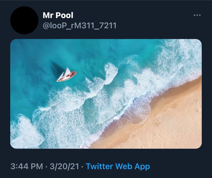 Aerial view of a small sailboat navigating turquoise ocean waves toward a sandy beach, shared by "Mr Pool" (@looP_rM311_7211) on 3/20/21 at 3:44 PM, visually reinforcing the post's metaphor of "smooth sailing" for $XRP.