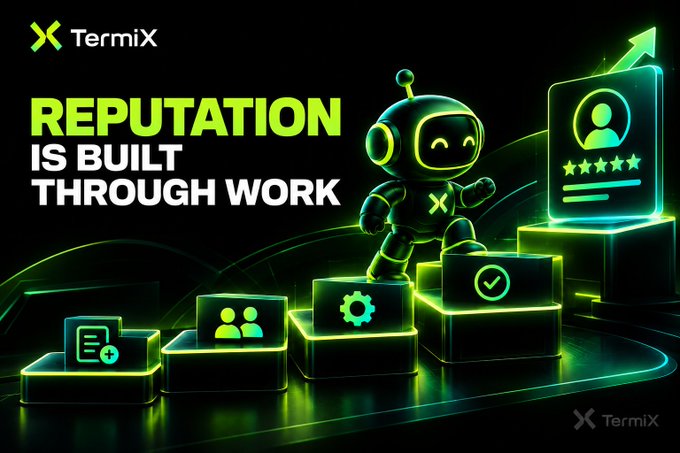 A TermiX promotional graphic displays the text 'REPUTATION IS BUILT THROUGH WORK' alongside a neon green robot mascot on pedestal steps.