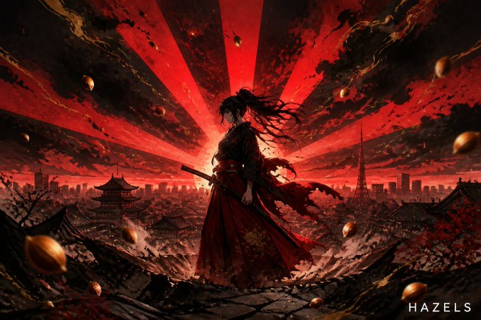 A dramatic anime-style illustration by 'HAZELS' depicting a warrior in a flowing red kimono standing atop a rooftop, holding a sword against a vivid red sunburst backdrop over a city with Tokyo Tower visible.