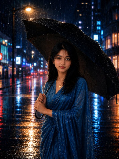 A woman in a blue traditional outfit holds a black umbrella while standing on a rain-soaked city street at night, with blurred neon lights reflecting off the wet pavement. The moody, contemplative scene mirrors the post's call to step back from the markets and unwind after a long day in crypto.