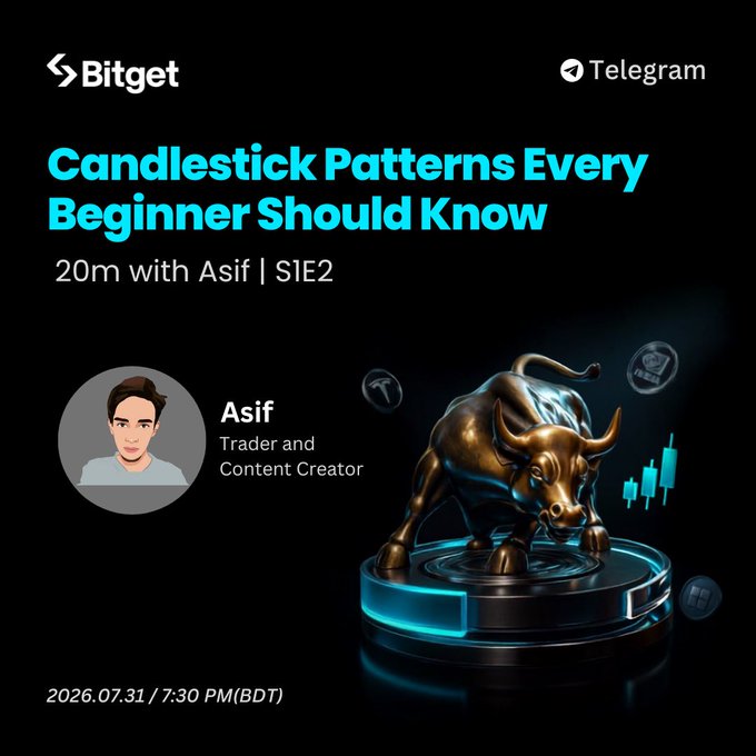 Bitget promotional graphic for a Telegram event titled 'Candlestick Patterns Every Beginner Should Know' featuring a 20-minute session with Asif (Trader and Content Creator), scheduled for 2026.07.31 at 7:30 PM (BDT), with a bull statue and candlestick chart imagery.