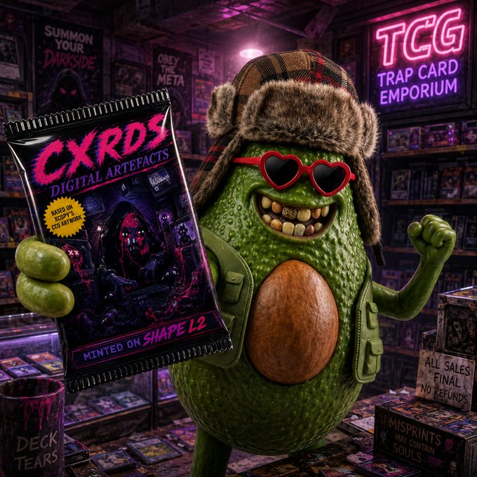 This image, promoting the "CXARDS Digital Artefacts" minted on Shape L2 and based on XCOPY's artwork, features a comical avocado character holding a CXARDS pack in a "TCG Trap Card Emporium." The post highlights that the CXRDS collection, remaking the entire @XCOPYART catalogue, is minting this week.