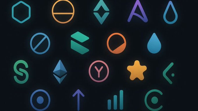 A grid of 20 colorful cryptocurrency and logo icons on a dark background, including symbols for Ethereum, Bitcoin, EOS, Tron, and various other digital currencies.