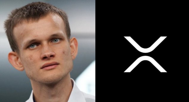A photograph of Vitalik Buterin on the left, next to a white Ethereum (XRP-style) logo on a black background on the right.