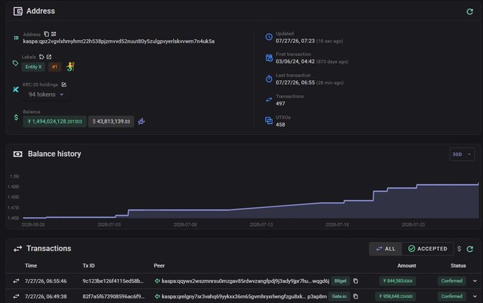 A Kaspa wallet dashboard displays an address holding 94 tokens with a balance of ¥1,494,024,128.291503 (≈$43,813,139.03), showing a steady upward balance history over late July and recent confirmed transactions including a ¥844,583,604 transfer, consistent with the post announcing another purchase by "Wallet #1."