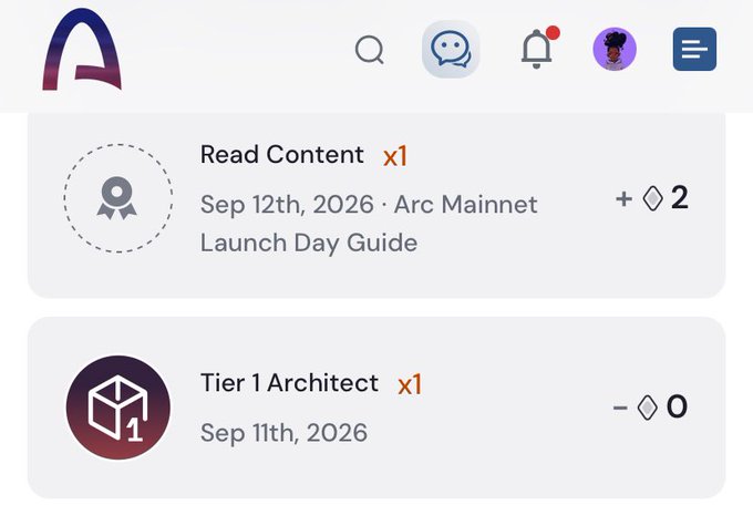 An activity feed from an app featuring an arc-like logo, showing 'Read Content' and 'Tier 1 Architect' badges dated September 2026, with a notification icon displaying a red dot.