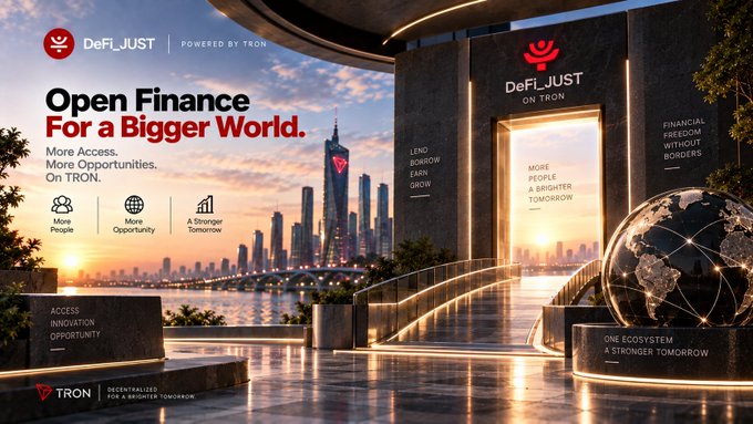DeFi JUST promotional banner powered by TRON featuring the tagline 'Open Finance For a Bigger World' with icons representing 'More People', 'More Opportunity', and 'A Stronger Tomorrow' set against a futuristic cityscape.