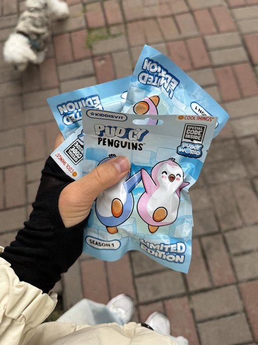 A hand holding two Pudgy Penguins 'Season 1 Limited Edition' KIDDITOY blind bags while walking on a brick path, with a dog visible in the upper left corner.