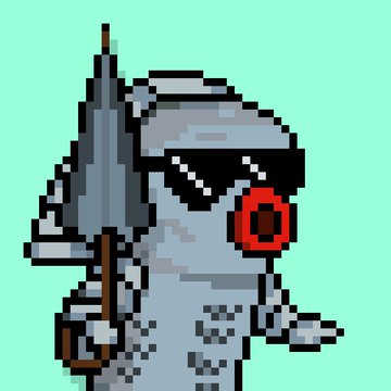A pixel art character of a grey fish wearing black sunglasses and red earrings, holding an umbrella, set against a green background.