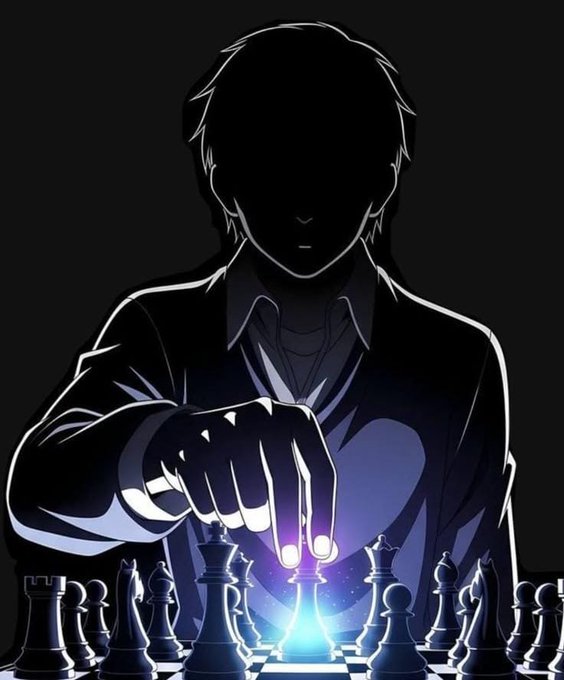 Dark anime-style illustration of a shadowed figure reaching out to move a glowing white pawn on a chessboard, with pieces arrayed below.