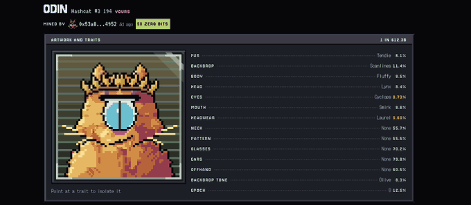 A pixel-art interface titled 'ODIN' shows a crowned cat NFT (#3 of 194), with traits like 'FUR', 'BACKGROUND', 'BODY', 'EYES', 'HEADWEAR' listed with rarity percentages.